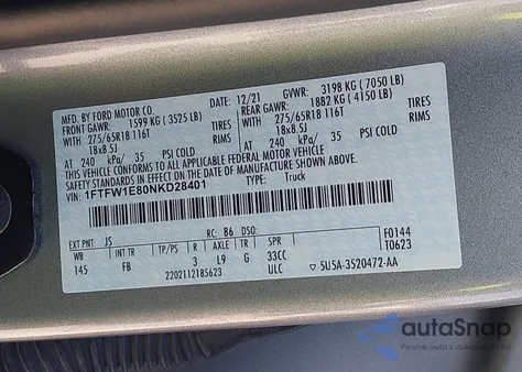 2022 Ford F-150 Xlt z USA, uszkodzony, nr VIN 1FTFW1E80NKD28401